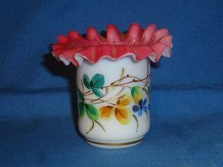 Victorian Pink & White Cased Glass Toothpick Holder - Hand Painted - Pontil Scar