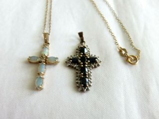 2 Very Pretty Vintage Christian Cross Pendants Sterling Chain Opal
