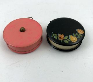 2 Vintage Sewing Tape Measure Pink Metal Retractable Black Floral Metal Flowers