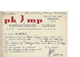 1936 Pk3mp Java N.  E.  I.  Qsl Radio Card.