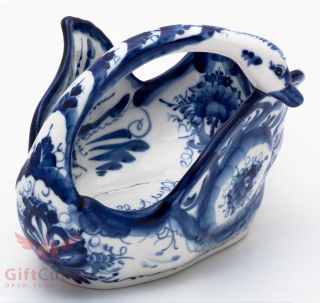 Gzhel Porcelain candy fruits dish bowl server basket swan shape Hand - painted 2