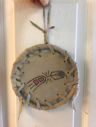 Native American Dream Catcher Art On Leather 11 " Wall Hanging Bear Track Feather