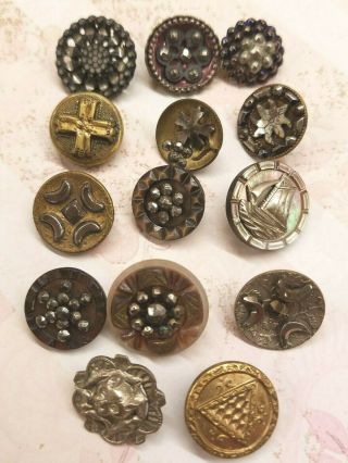 14 Vintage Small Metal Buttons Sailboat Ship Shell Steel Cuts Cat Cross