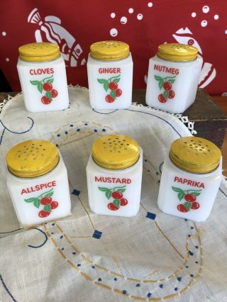 Vintage Tipp Usa Milk Glass Cherries 6 Spice Jars With Yellow Lids