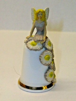 A Sterling Classic Flower Fairy Thimble - - Blue And Yellow Flowers - -