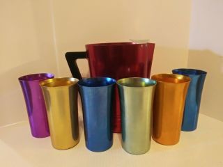 Vtg Mid - Century Regal Red Aluminum Pitcher & 6 Colorful 10oz Drink Tumblers