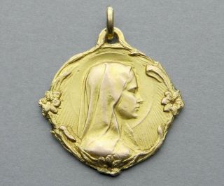Saint Virgin Mary.  Antique Religious Pendant Gold Plating.  France Medal.  French.