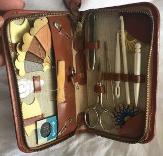 Germany Leather Vintage Sewing Case Kit Travel Collectible Thimble Holder