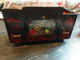 Japanese Vintage Black Lacquer Jewelry Box Music Box With Rickshaw Diorama