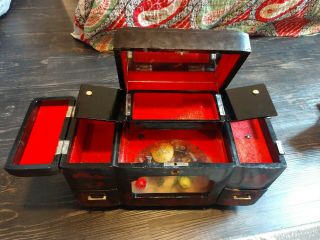 Japanese Vintage Black Lacquer Jewelry Box Music Box With Rickshaw Diorama 2