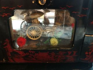 Japanese Vintage Black Lacquer Jewelry Box Music Box With Rickshaw Diorama 3