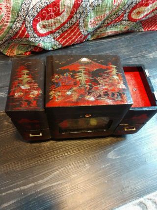 Japanese Vintage Black Lacquer Jewelry Box Music Box With Rickshaw Diorama 4