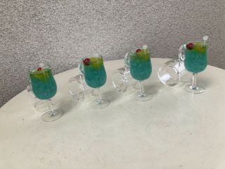 Vintage Lucite Napkin Rings Set 4 Cocktail Glass Blue Cherry 3” 3