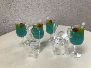 Vintage Lucite Napkin Rings Set 4 Cocktail Glass Blue Cherry 3” 4