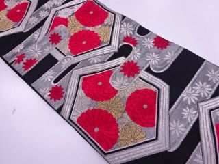69316 Japanese Kimono / Vintage Fukuro Obi / Mist With Flower Kikko Pattern