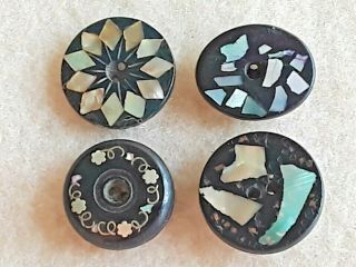 Antique / Vintage Group Of 4 Inlay Buttons Of Pearl Wire Etc Vibrant
