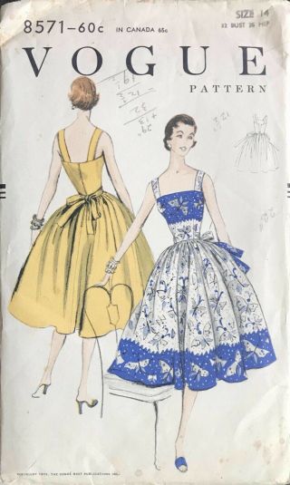 Vtg 50s Vogue Pattern 8571 Full Skirt Sleeveless Rockabilly Sun Dress 14