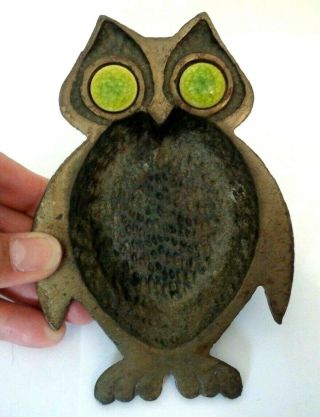 Vintage Cast Iron/brass? Owl Ashtray With Green Ceramic Tile Eyes Taiwan