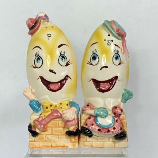 Vintage Enesco Anthropomorphic Humpty Dumpty And Mrs Salt & Pepper Shakers 8 "