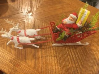 Vintage Plastic Santa Clause And Sleigh With Reindeer.