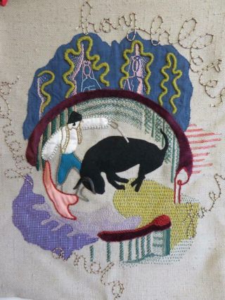 Really Old Needle Work Embroidery Bull Fighting
