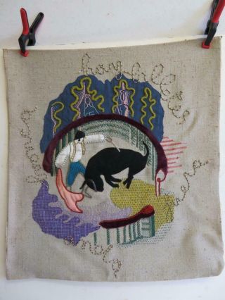 really old needle work embroidery bull fighting 2