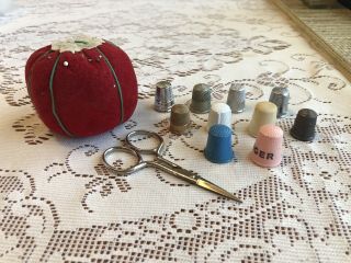 Antique Vintage Assorted Thimbles,  Scissor And Apple Pin Cushion.