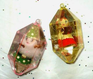 2 Vtg Christmas Jewelbrite Small Hard Plastic Diorama Pixie Elves Ornaments