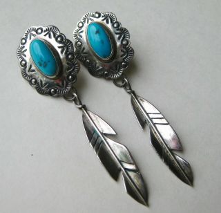 Vtg Navajo Indian Sterling Silver Turquoise Feather Pierced Drop Dangle Earrings