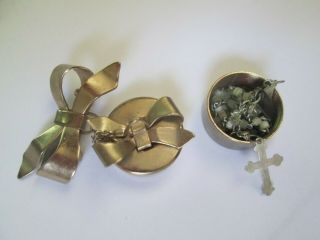 Lovely 15 " Rosary In Surprise Brass - Plated Gift Trinket Box With Bow Pin