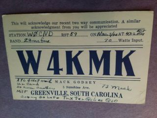 Greenville,  S.  C.  - W4kmk - Mack Godsey - 1946 - Qsl Qsl