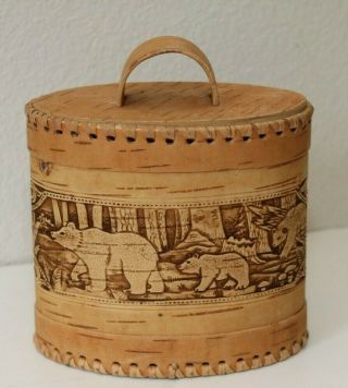 Vintage “bears’ Wooden Kitchen Storage Beresta Birch Bark Box Made In Russia