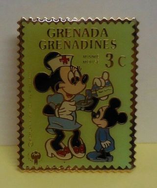 Disney Pin Grenada Grenadines 3¢ Minnie Mouse As Nurse With Morty Stamp Pin