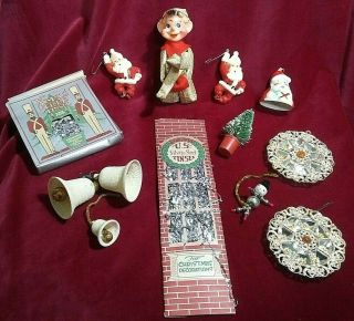 Vintage Christmas 2 Pkgs Tinsel,  2 Wax Santas Ornaments,  Elf On A Shelf,  4 Bells