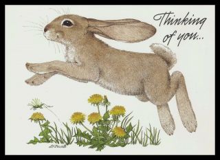 J908 - Msa Linda K.  Powell Rabbit Thinking Of You Greeting Card Vintage
