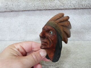 Antique Vintage Folk Art Painted Carved American Indian Head Pipe Top Bowl 4.  5 " T