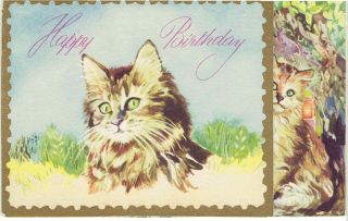 Vintage Birthday Greetings Card Cats 3d Effect Brent Series
