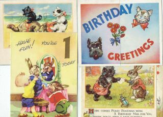 4 X Vintage Birthday Greetings Cards Anthropomorphic Cats Rabbits Dogs 1930 - 50