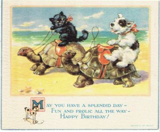 4 x VINTAGE BIRTHDAY GREETINGS CARDS ANTHROPOMORPHIC CATS RABBITS DOGS 1930 - 50 2