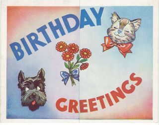 4 x VINTAGE BIRTHDAY GREETINGS CARDS ANTHROPOMORPHIC CATS RABBITS DOGS 1930 - 50 3