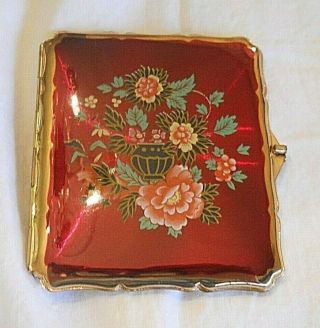 Vintage Stratton Red Enamel & Gold Cigarette / Card Case " Flowers " England Made