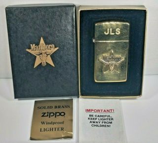 Vintage Marlboro Star Longhorn Slim Brass Zippo Lighter With Box