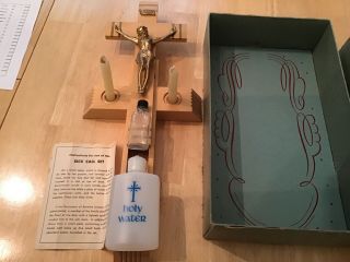 Vintage Catholic Sick Call Box Last Rites Complete Set Holy Water Bottle,  Candle