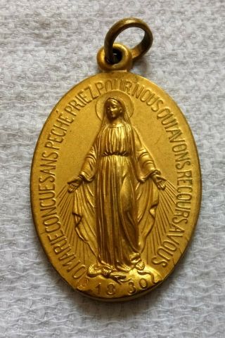 Large Catholic Medal Miraculous Virgin Mary 5 Cm.  X 3 Cm Gold In Color /pendant