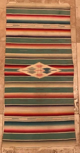 Vintage Mexican Serape Saltillo Wool Blanket Fringe 1940s - 1950s - 36” X 17”