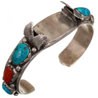 Old Zuni Simplicio Watch Bracelet Cuff Natural Turquoise & Coral Pawn