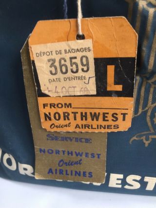 Vintage 1960 Northwest Orient Airlines Flight Travel Bag,  Tags Imperial Service 3