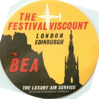 British European Airways / Bea The Festival Viscount Old Airline Luggage Label