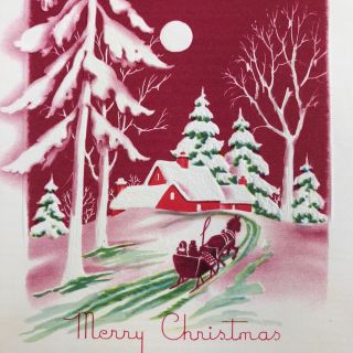 Vintage Early Mid Century Christmas Greeting Card Sleigh Ride In Moonlight Pink