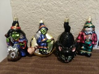 Set Of 4 Glittery Halloween Ornaments: Black Cat,  Scarecrow,  2 Witches